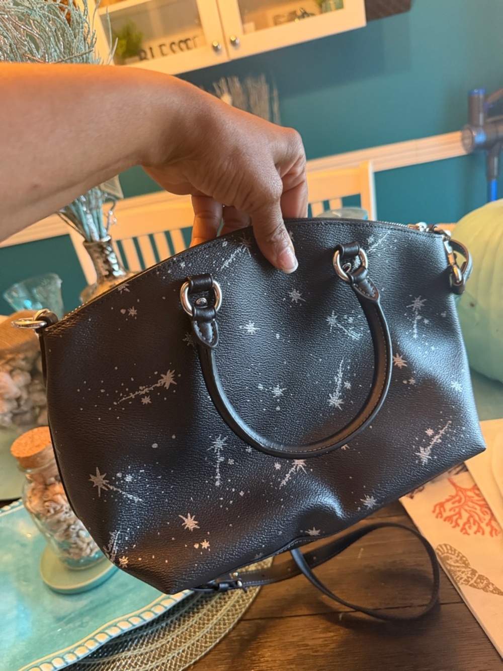 Coach Black Leather Star-Print Satchel - Picture 4 of 8